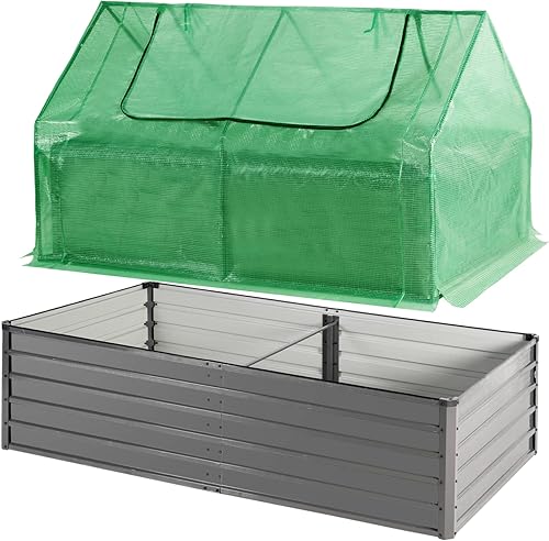 GRAVFORCE Cama de jardín elevada galvanizada con cubierta caja de maceta elevada de metal de 8 x 4 x 2 pies para exteriores con invernadero para