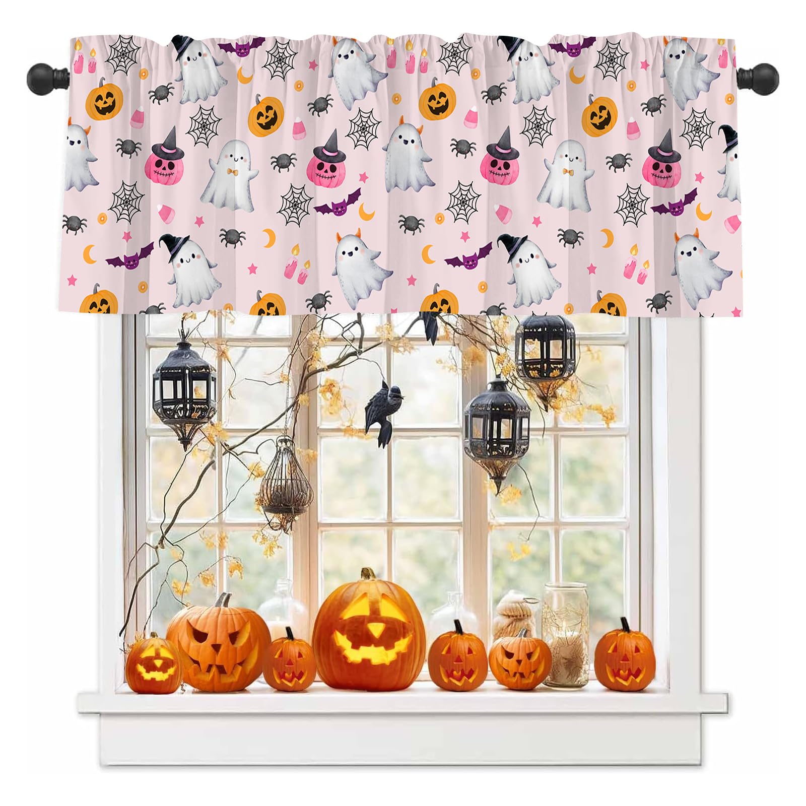 Rideaux courts d'Halloween motif fantôme rose avec passe-tringle pratique 137x45cm
