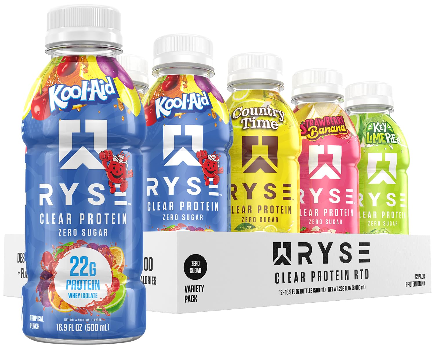 RYSE Clear Protein Shake - Variety Pack - 100 Calories, 22g Whey Isolate Protein, Sugar-Free, 0g Fat & Lactose-Free - Refreshing Ready-to-Drink Beverage - 16.9 fl oz Bottles (12-Pack)