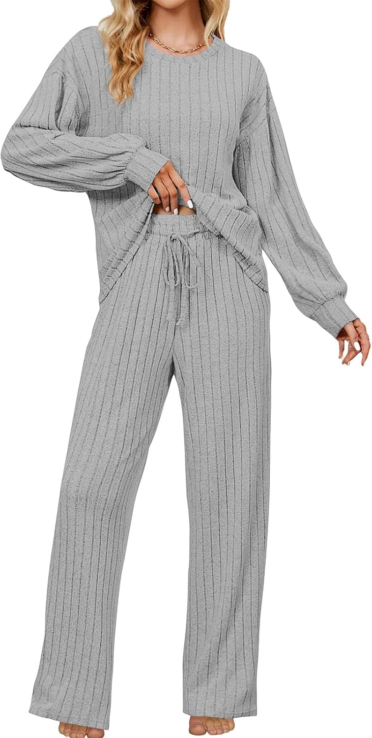 Pajamas for Women Set 2 Piece Ribbed Knit Sweater Lounge Sets Long Sleeve Tops Wide Leg Pants Soft Sleep Wear Pj Sets