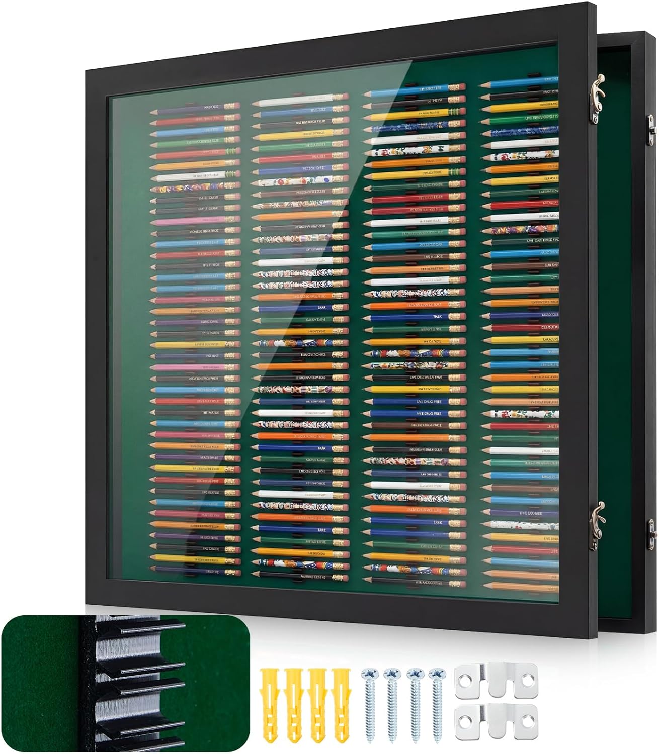 Golf Pencil Display Case with Built-in 3D-Printed Pen Holder, Holds 63 Round or Hexagonal Pencils, Wall Mount Display Case for Golf Tees, Home Office Decor, Father Dad Grandpa Birthday Sports Gifts