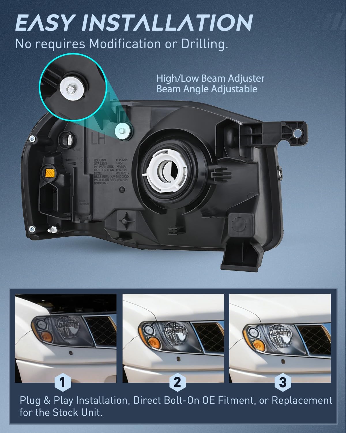 Nilight Headlight Assembly Compatible with 2001 2002 2003 2004 Nissan Frontier XE OE Style Replacement Halogen Headlights Black Housing Amber Reflector Headlamp Passenger and Driver