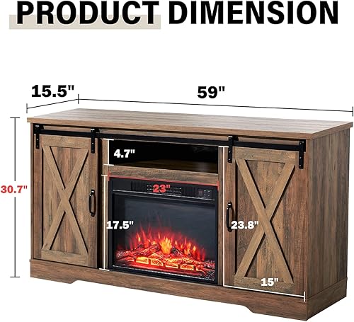 Miniatura 6 de AMERLIFE Fireplace TV Stand with Sliding Barn Door for TVs up to 65", Farmhouse 59" Fireplace Entertainment Center with Storage Cabinets/Adjustable