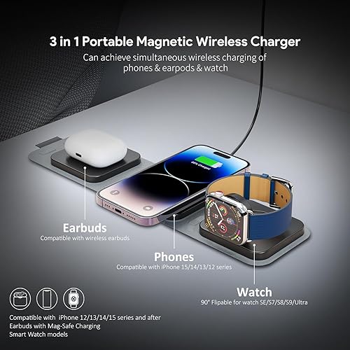 Miniatura 8 de Estación de carga inalámbrica para iPhone, Apple Watch, AirPods, cargador de viaje plegable 3 en 1, compatible con MagSafe