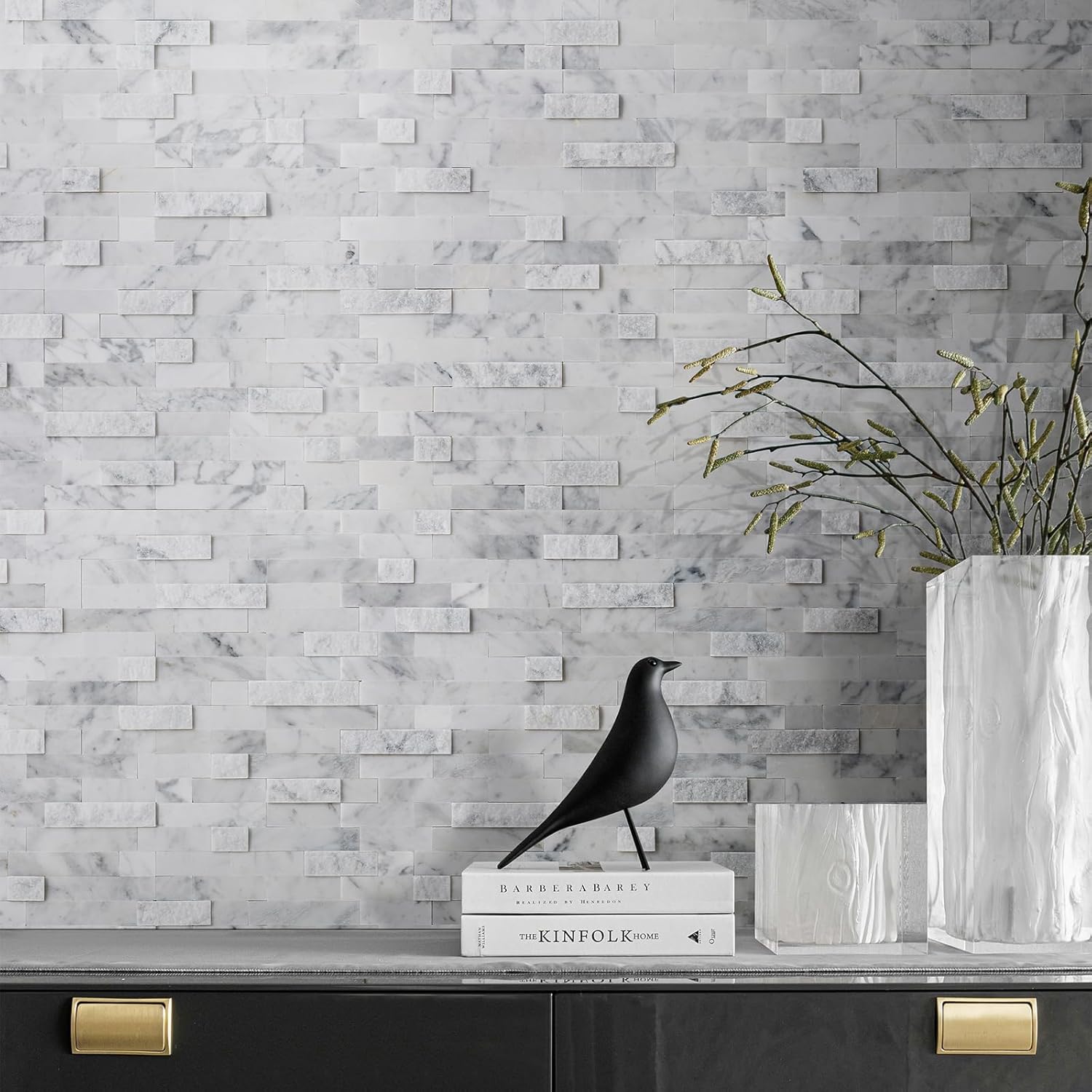 Real Stone Peel and Stick Backsplash Tile, 5 Sheets 11.5" x 10.7", 3D Natural Marble Mosaic Wall Tile in Mixed Gray, Self Adhesive for Kitchen, Bathroom, Fireplace, RV