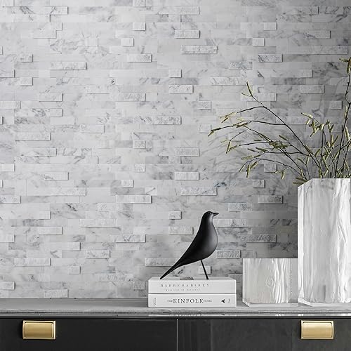 Miniatura 2 de V-MOZZA Azulejo de piedra para despegar y pegar, 5 hojas de mosaico de piedra para salpicaduras de 11.5 x 10.7 pulgadas, azulejos 3D con aspecto de