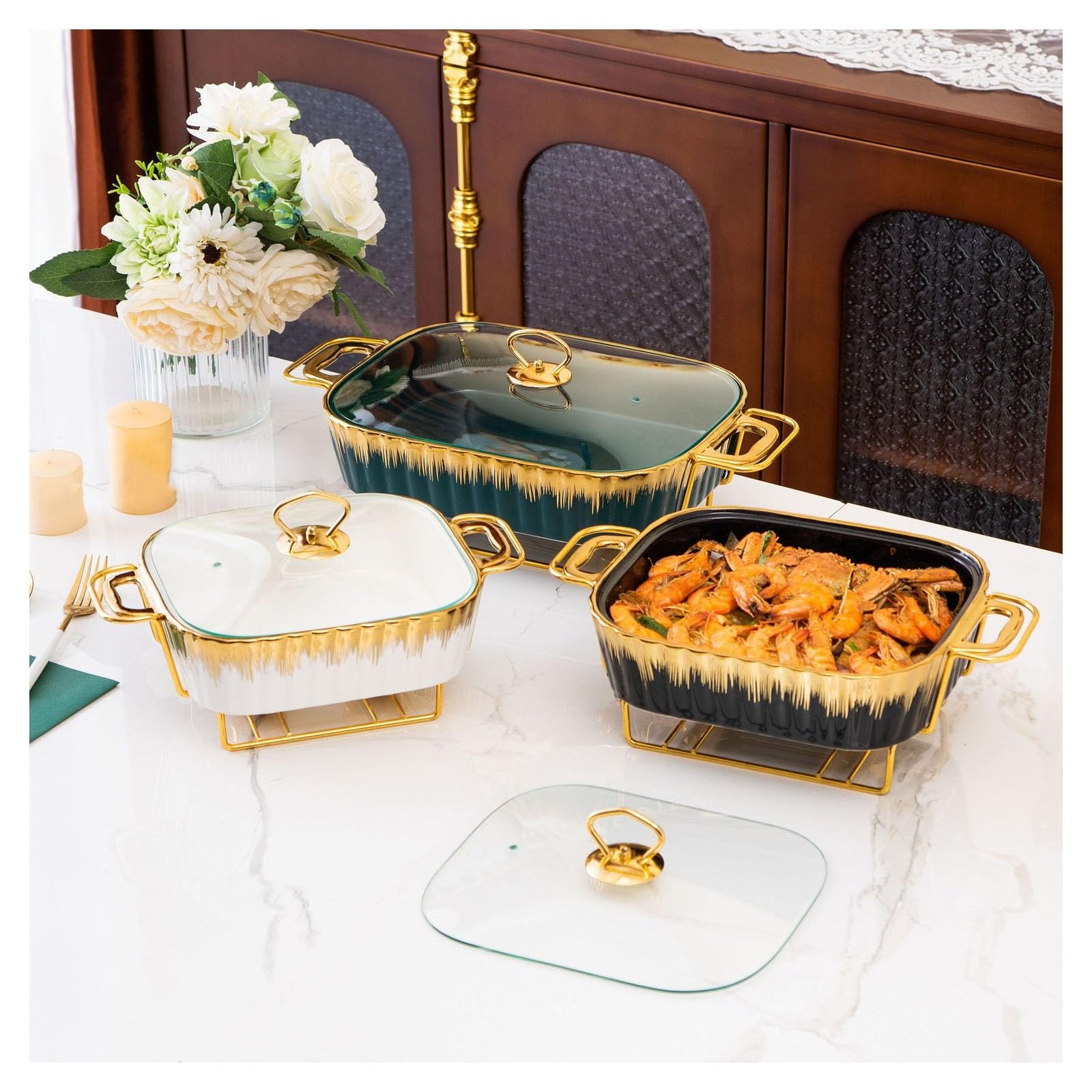 Juego de platos de cerámica, calentador de alimentos con tapa, recipiente extraíble para catering, ideal para servir platos calientes en bodas y fiestas