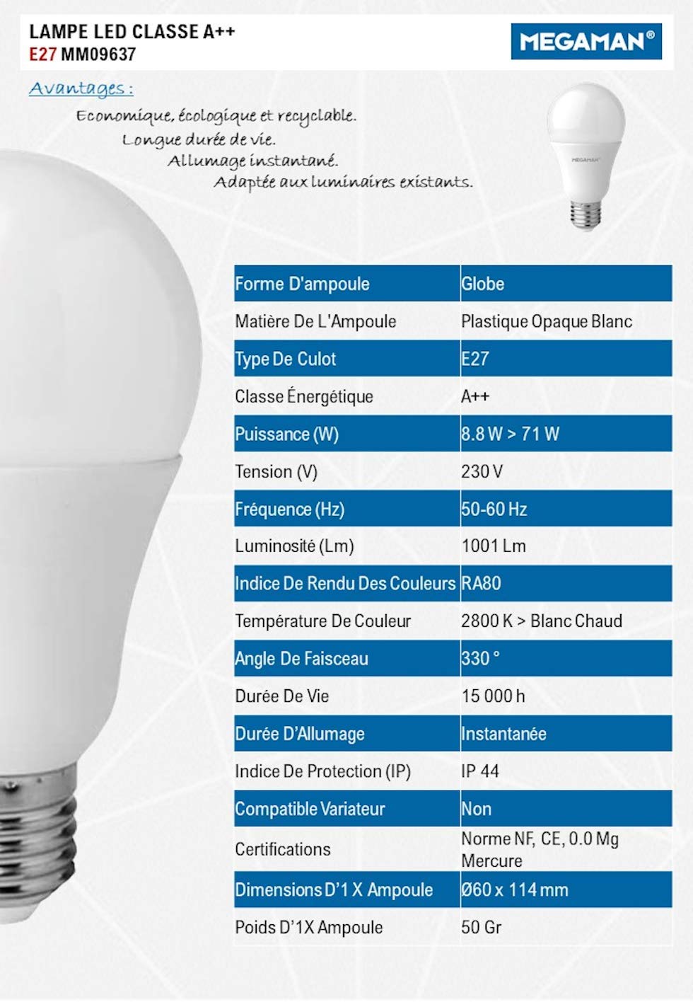 Megaman Ping Pong 7 W 4000 K E27