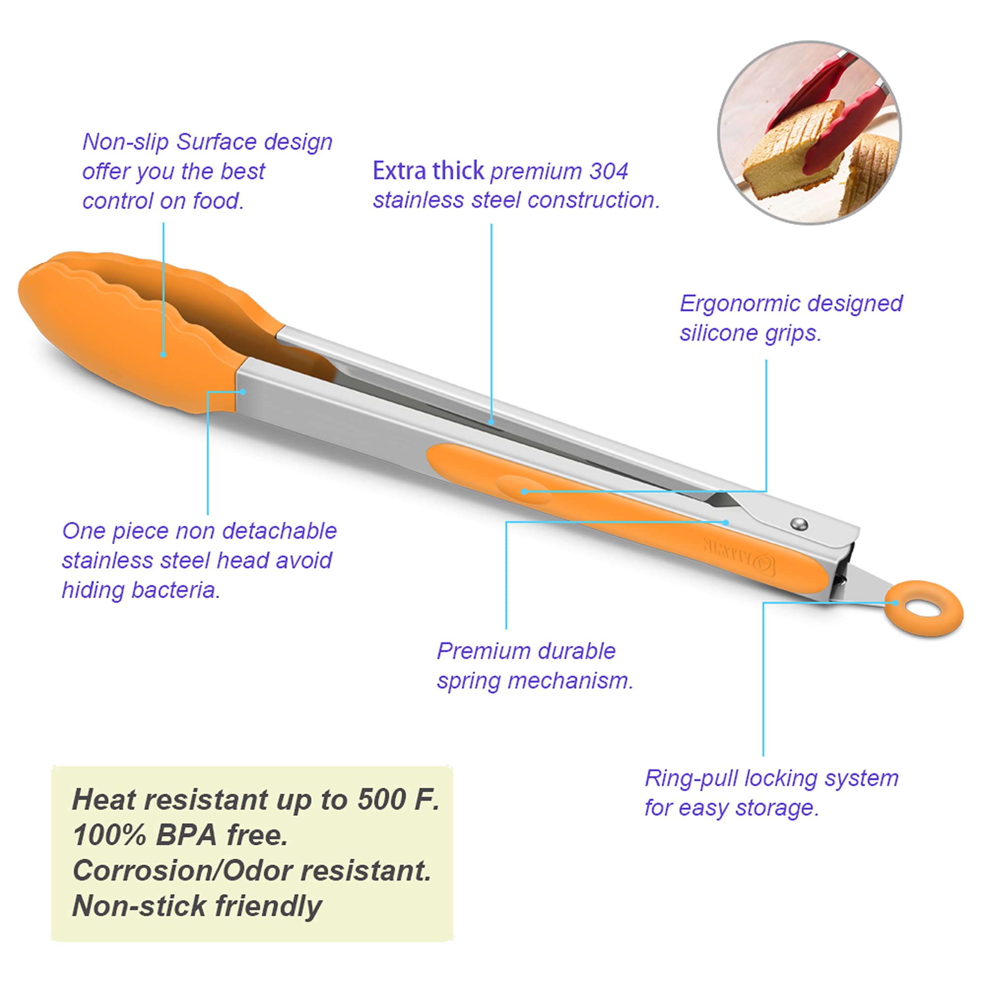 3 x orange Küchenzange, Premium-Silikon, BPA-frei, antihaftbeschichtet, Edelstahl, Grillen, Lebensmittelzange, 22,9 cm, 25,4 cm und 30,5 cm