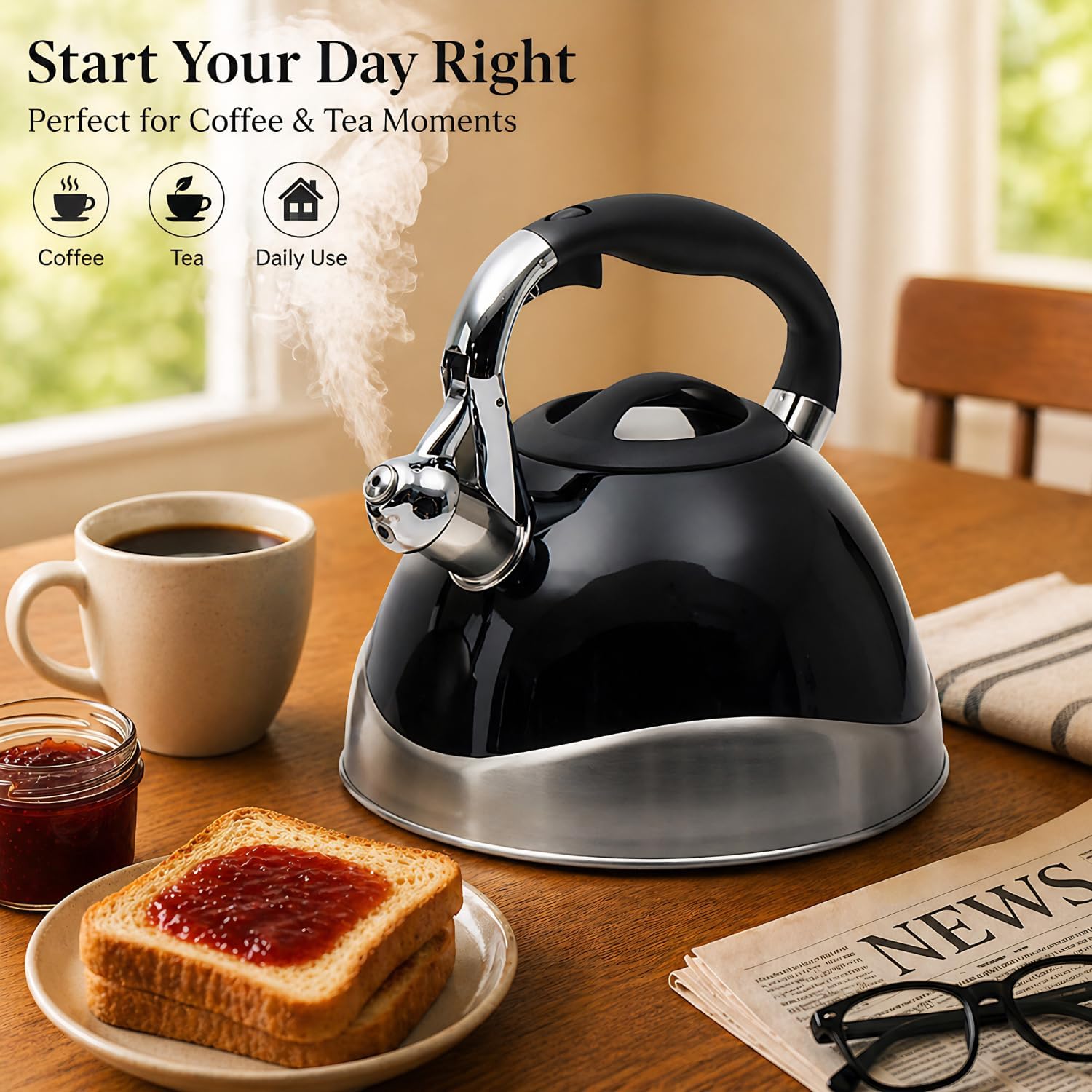 Creative Home 3.1 Quart Stovetop Whistling Tea Kettle, Premium Stainless Steel, Fast Boiling Water, Ergonomic Handle With Button-Control Spout, Black