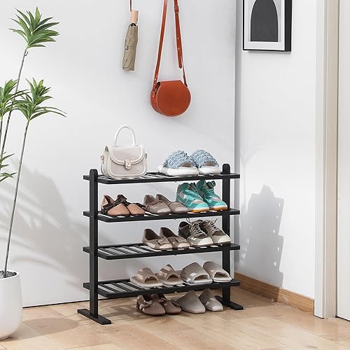 Zapatero negro, organizador de zapatos de bambú de 4 niveles para armario y entrada, estante de zapatos de madera gruesa para espacios pequeños,