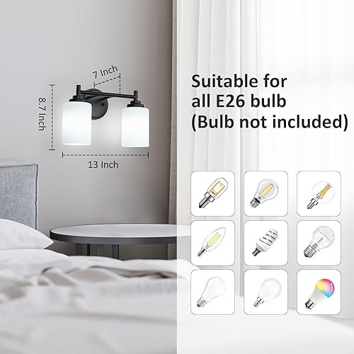 Miniatura 2 de Lámpara de baño negra mate, 2 luces para tocador de baño con pantalla de vidrio esmerilado blanco, modernos apliques de pared para dormitorio,