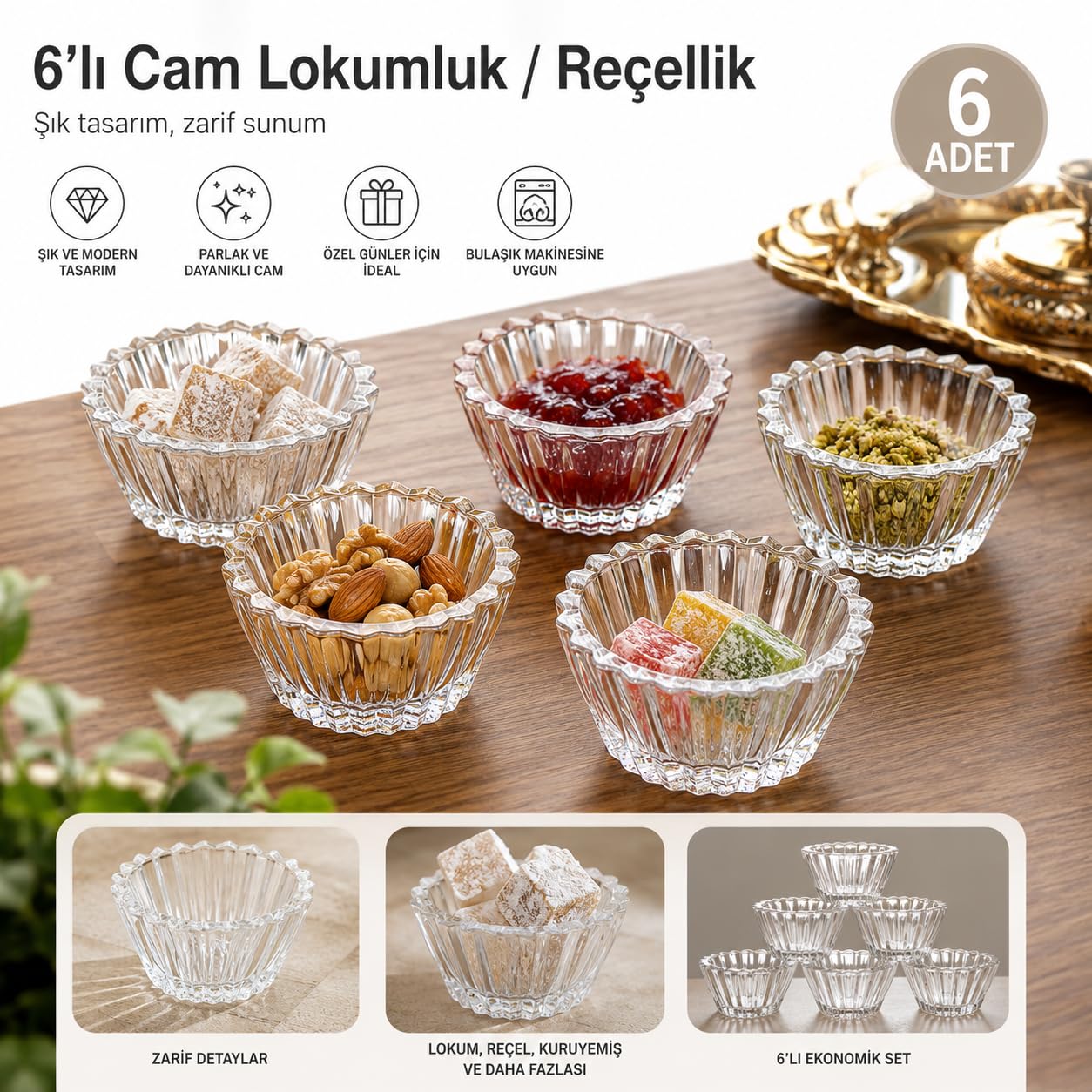 6'lı Cam Lokumluk Reçellik Seti – Şeffaf Desenli Cam Kase Takımı, Lokum, Reçel, Kuruyemiş ve Sos Sunumluk, Şık Servis Kasesi