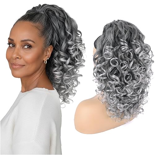 Curly Drawstring Ponytail Grey Curly Yaki Pony Tail Synthetic Salt