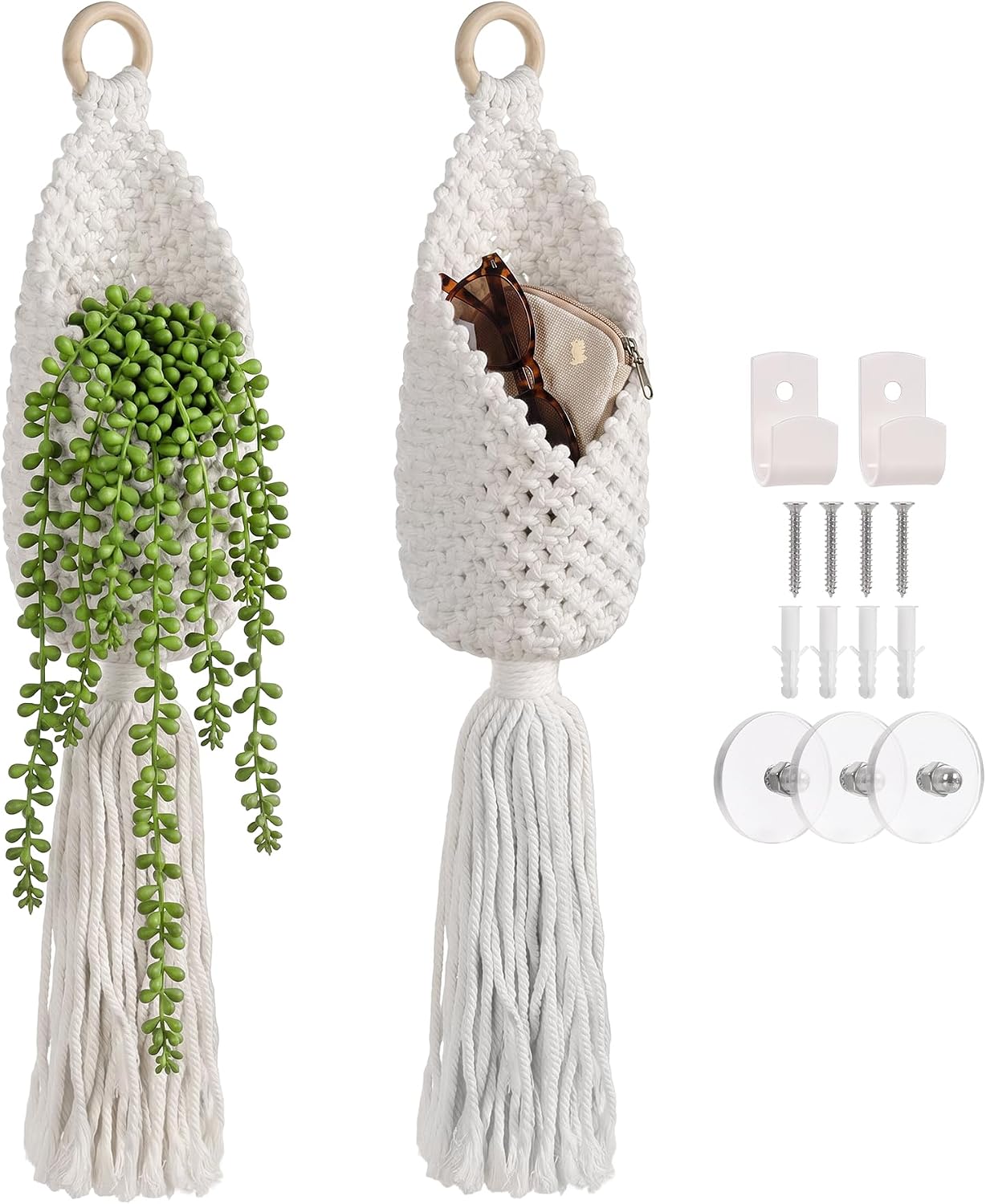 Macrame Wall Hanging Bags, 2 Pack Small Woven Pouches Boho Storage (White) | Cotton Rope Fabric Baskets, Tassel Decor Crochet Pocket Wall Organizer Key Holders for Room Storage Entryway Artificial Plant