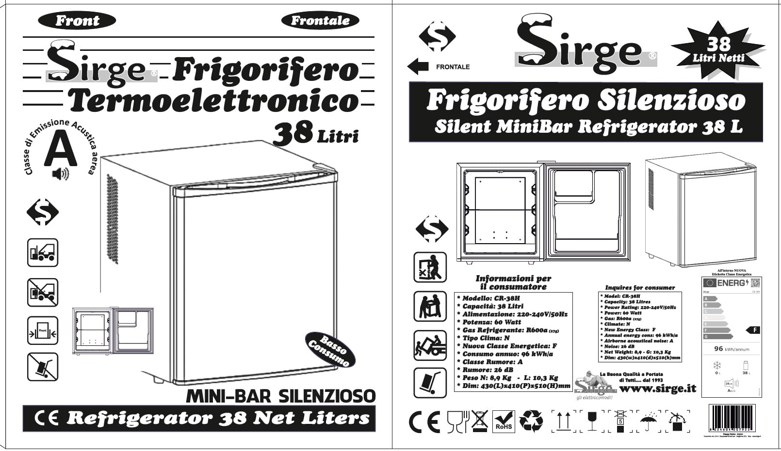 Sirge Mini-Kühlschrank Bar schwarz leise ohne Kompressor Kühlschrank [380(L) x 385(T) x 470 (H) mm] – ideal für Hotel, Schlafzimmer (25 Liter)