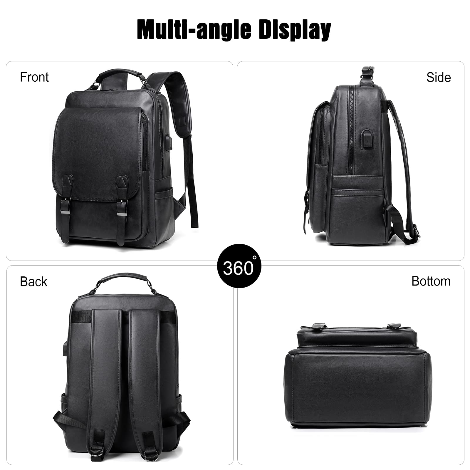 FANDARE Laptop Backpack School Bag Daypacks Travel Large Backpack with USB Charging Port College Computer Bag Bookbag for Women Men Travel Commuter Waterproof PU Rucksack Black - Image 4