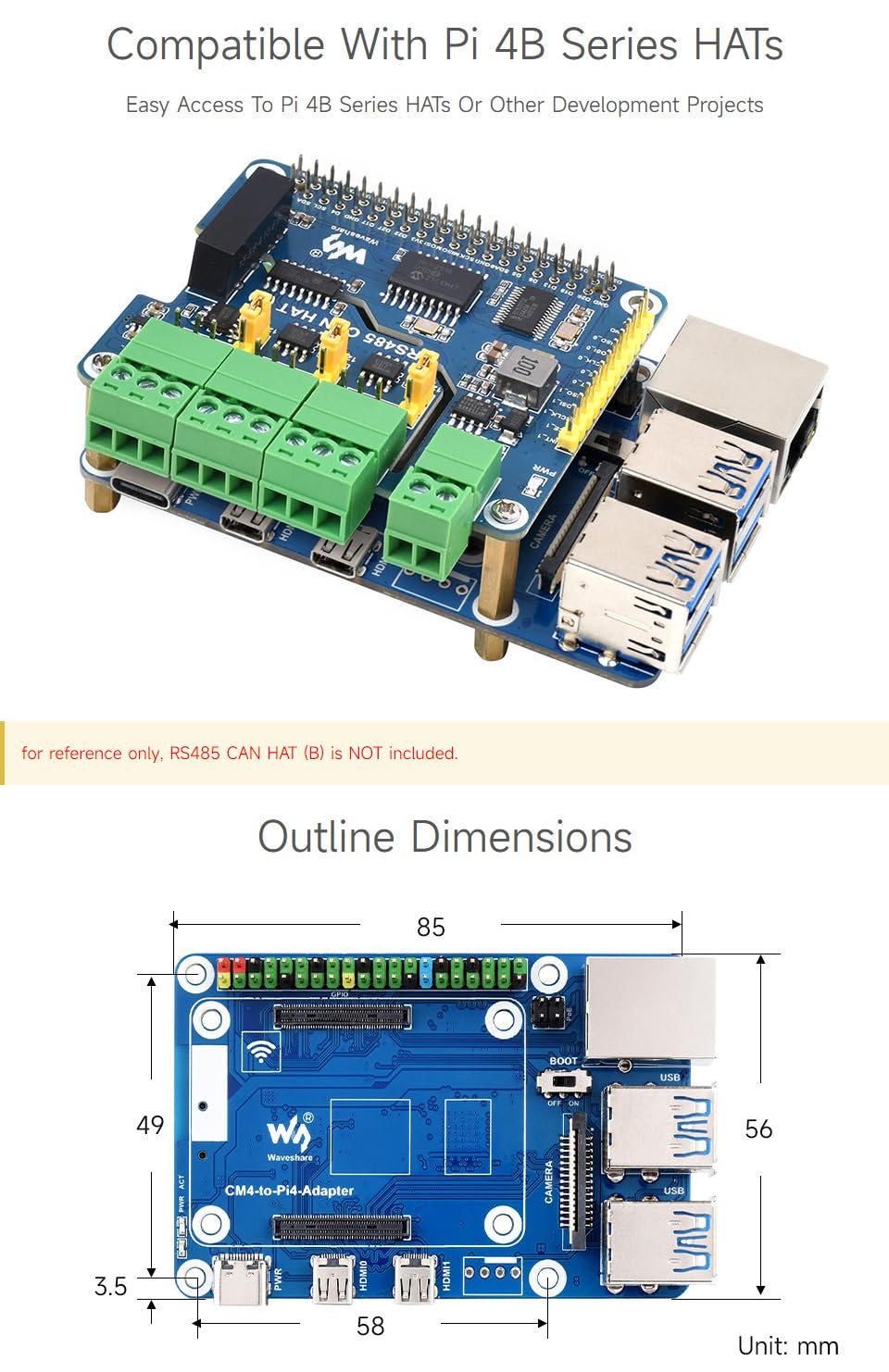 Waveshare CM4-to-Pi4-Adapter for Raspberry Pi CM4, Alternative Solution for Raspberry Pi 4B(Can be Used as Pi 4B by Combining The Adapter with CM4)