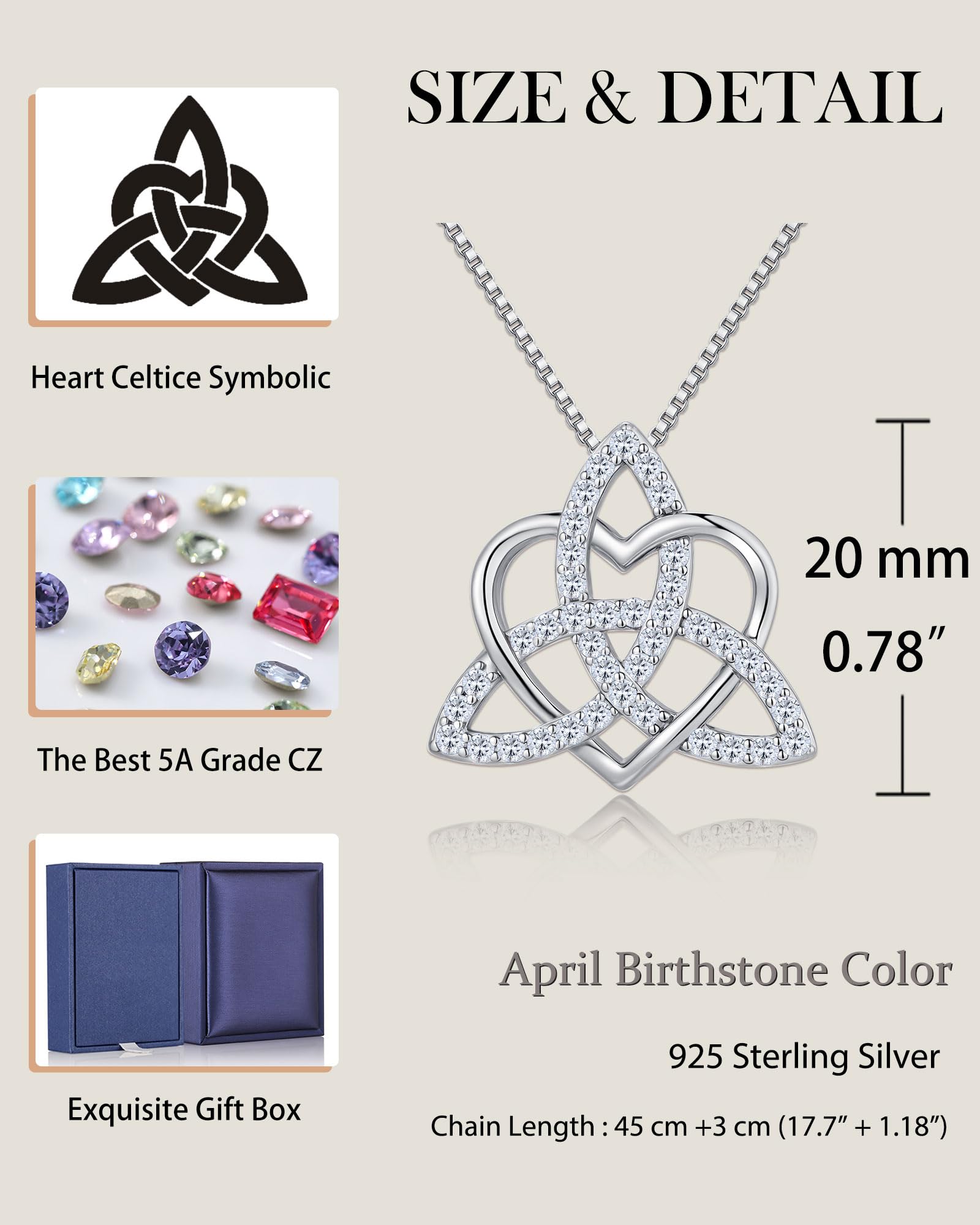 JiaYang Irische keltische Halskette aus 925er Sterlingsilber mit Trinity-Liebesknoten-Anhänger und Geburtsstein für Frauen und Damen