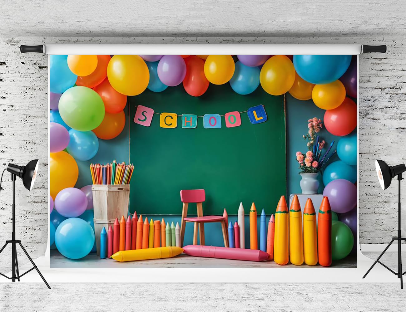 Kate Back to School Chalkboard Pencils Backdrop Colorful Balloons Decoration Background Photo Studio Props 7x5ft