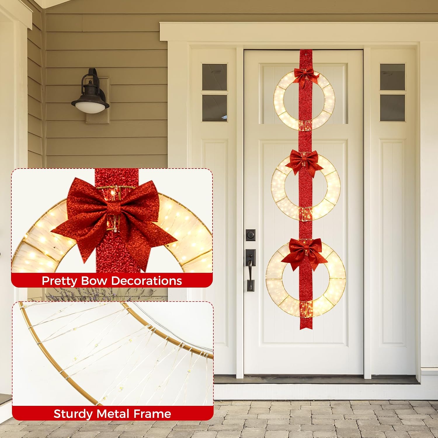 Tangkula Christmas Lighted Wreaths Set, Pre-Lit Front Door Xmas Decoration on Red Ribbon w/ 450 Warm White LED Lights & Bows, Indoor Outdoor Wreath Decoration for Doorway, Yard