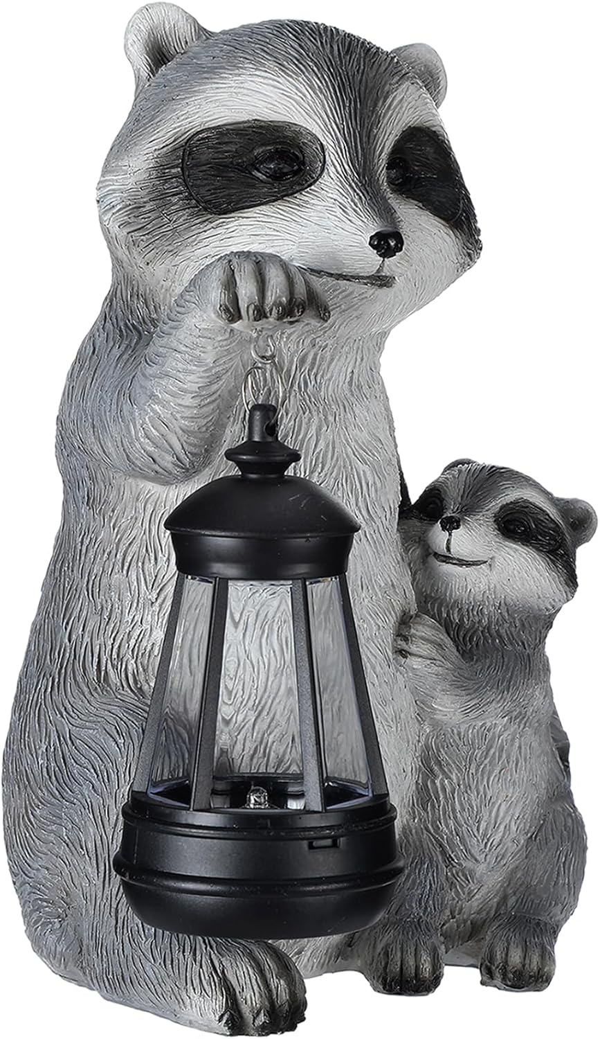 Pinkunn 9.5 Inch Solar Raccoon Family Garden Statues with LED Lights Home Decorations Outdoor Garden Raccoon Statue for Patio Balcony Yard Lawn Ornament Housewarming Birthday Gifts for Women