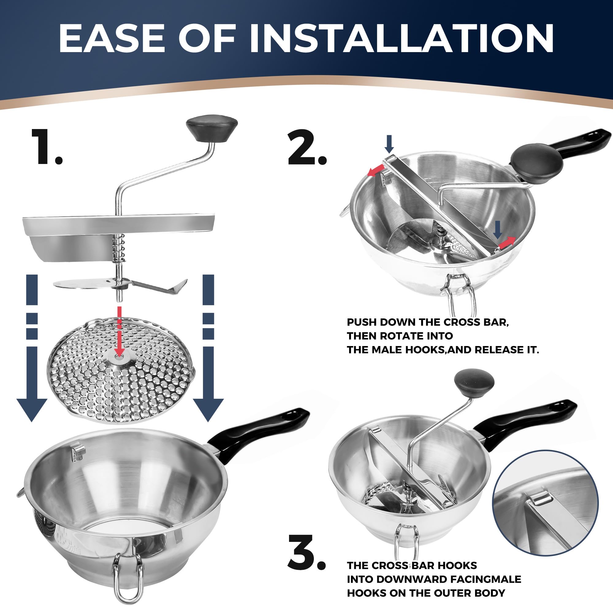 Edelstahl-Lebensmittelmühle mit 3 Frässcheiben, ergonomisches Design, drehbare Handkurbel, Lebensmittelmühlen für Tomatensauce, Kartoffeln, Marmeladen, Konserven, spülmaschinenfest, inklusive