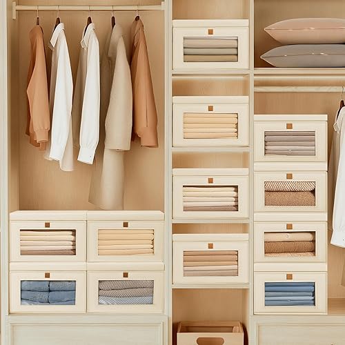 Miniatura 3 de DIMJ Contenedores de almacenamiento con tapas, paquete de 4 organizadores grandes de tela con ventana y asas, cajas de almacenamiento decorativas