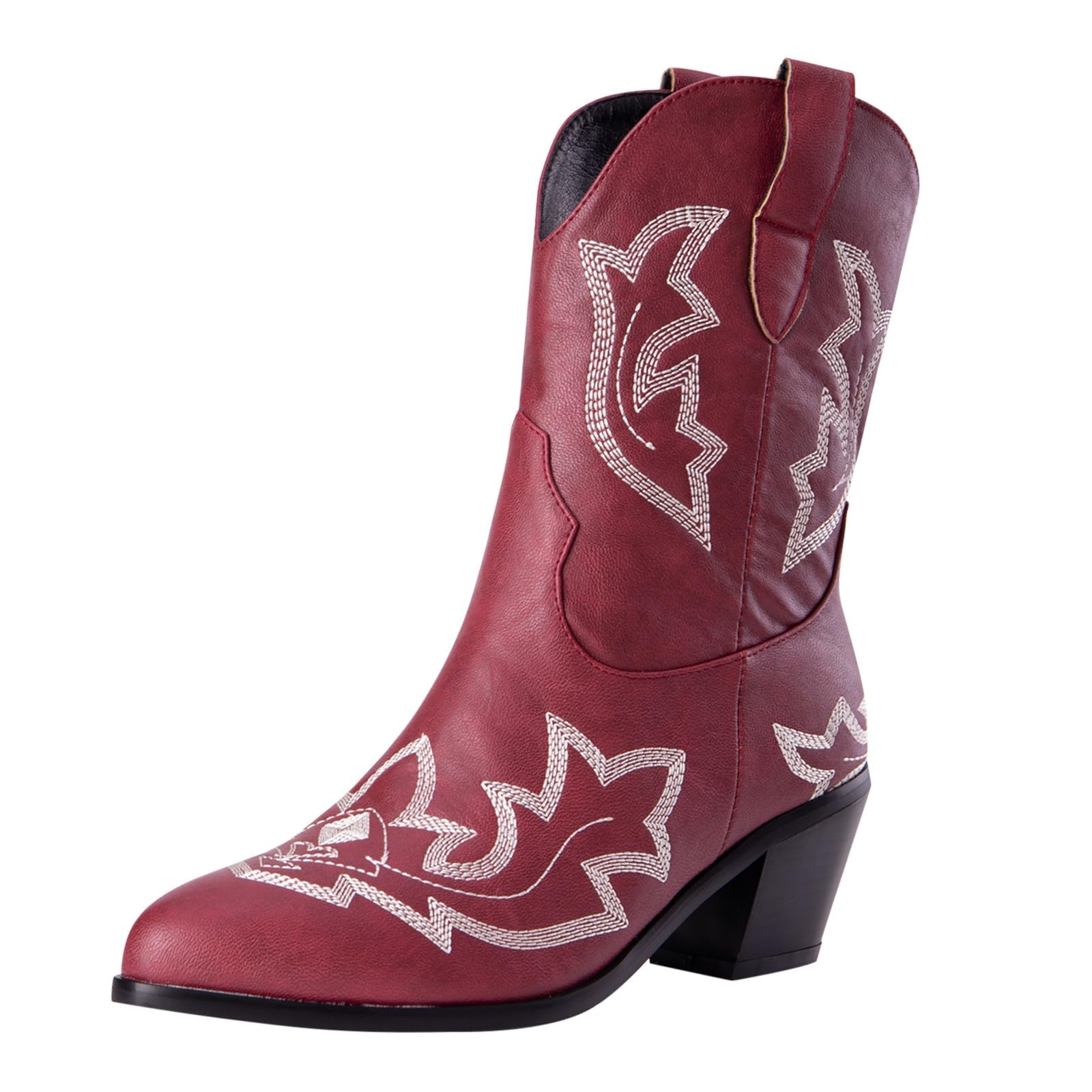 Stivali da donna a metà polpaccio da cowboy western, classici vintage, ricamati, tacco a blocco, in pelle PU, stivali da donna in stile country equitazione western scarpe da sposa, vino, 44 EU