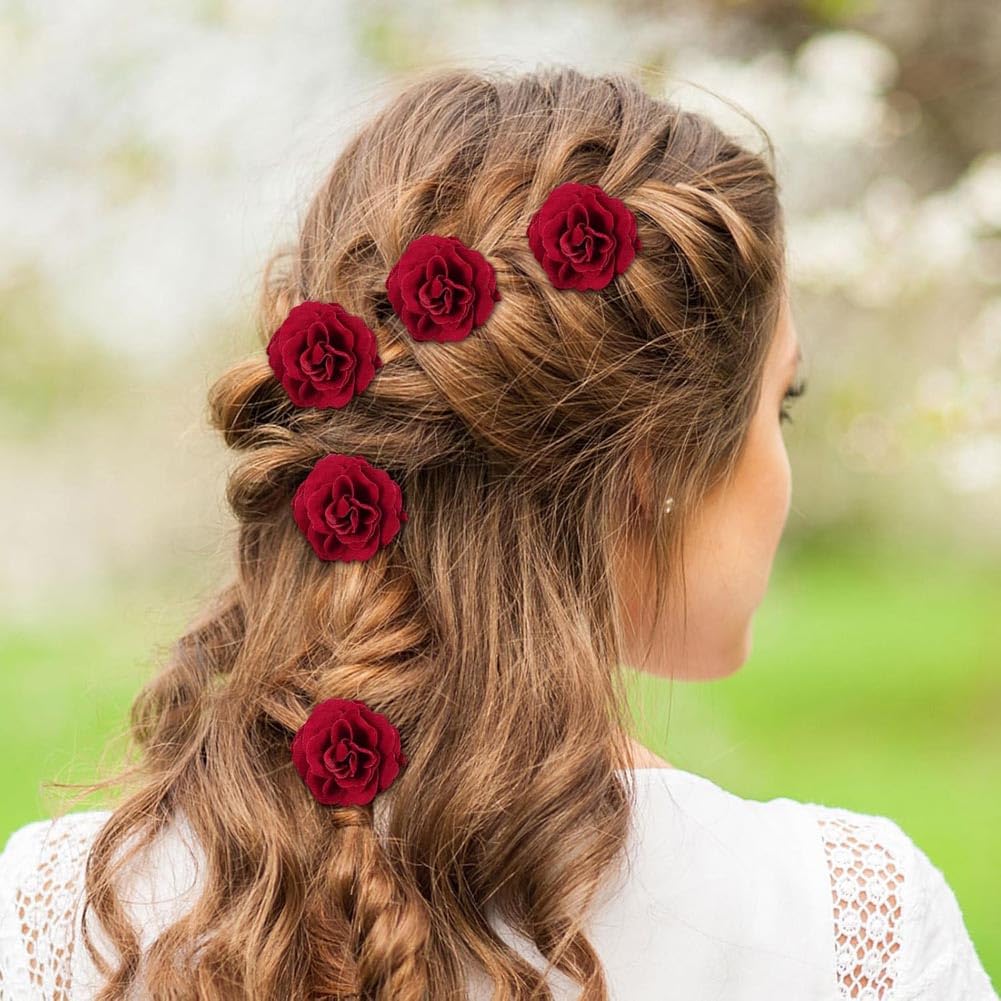 6-Pack Red Rose Hair Clips, U-Shaped Rose Hairpins, Bridal Hair Accessories - Image 3