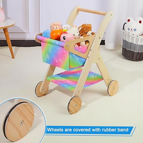 Miniatura 4 de FIOBEE Carrito de compras para niños Carrito de compras de juguete con cesta Juguetes de madera para bebés, carrito de comestibles para niños y