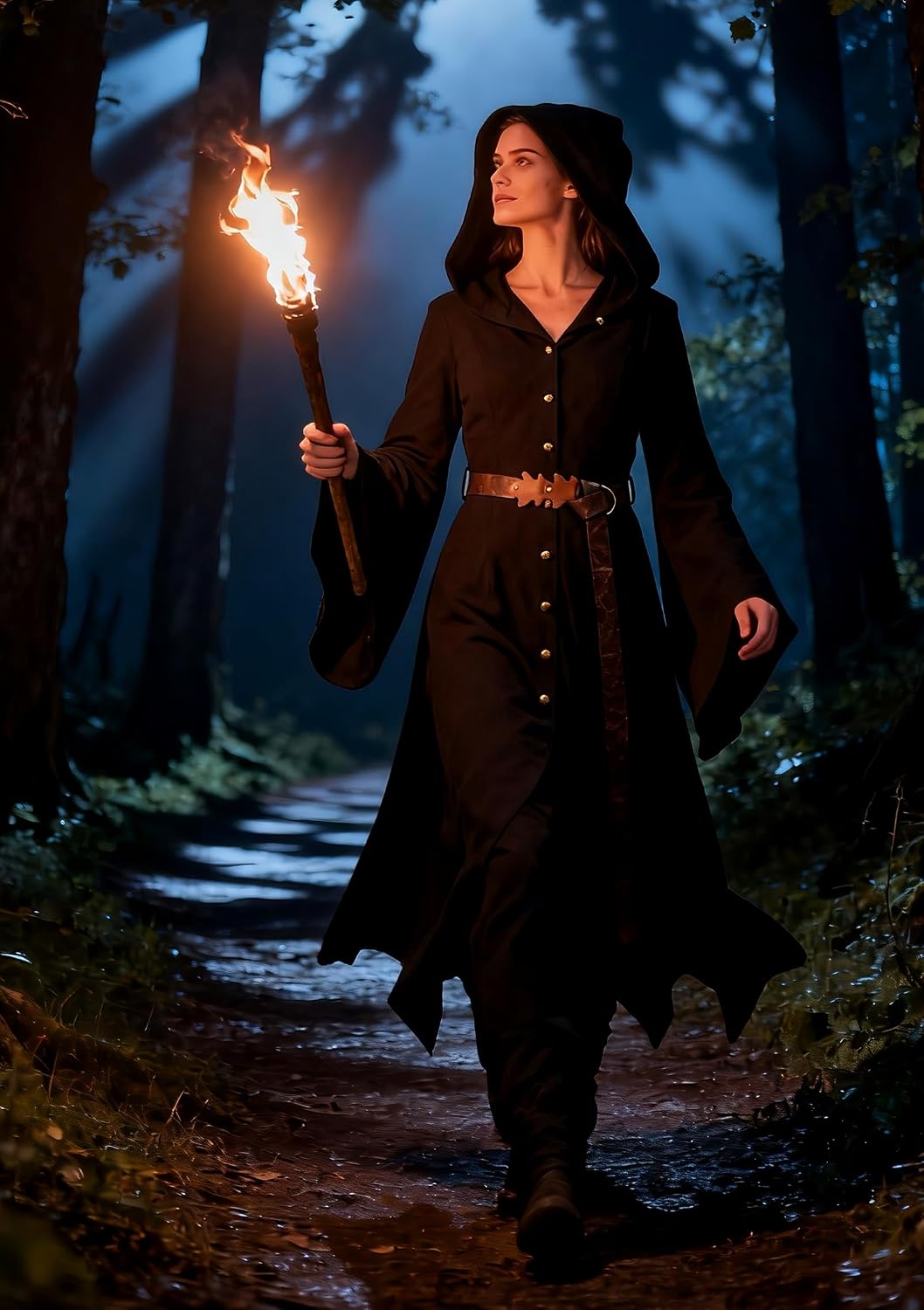 Medieval Hooded Witch Cloak, Gothic Long Robe with Belt, Black Button-Down Renaissance LARP Elf Costume