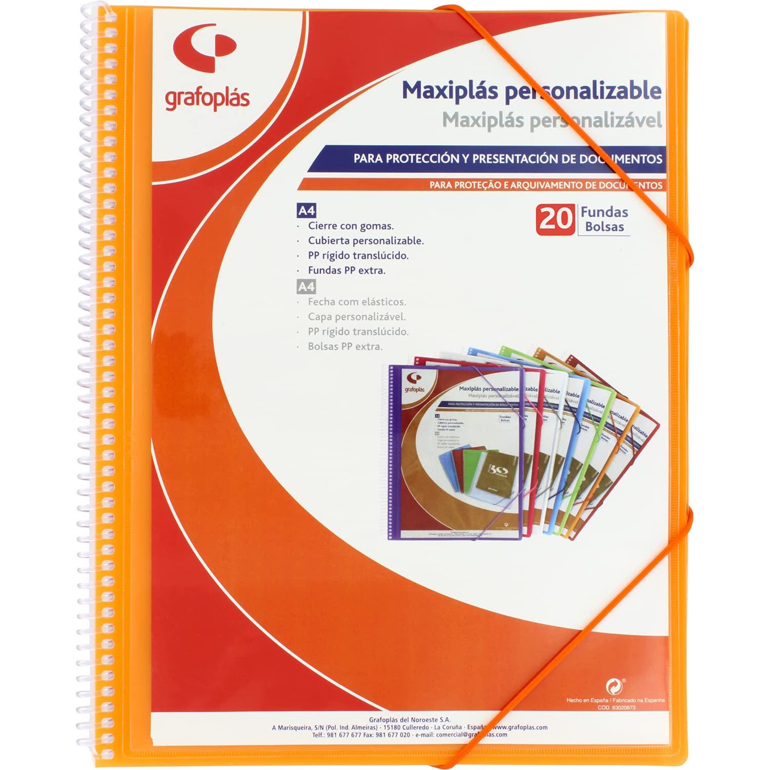Grafoplás 39842052 Customisable Spiral Folder, 20 Transparent Covers, Orange, 30.8 x 24 x 14, 20 Fundas