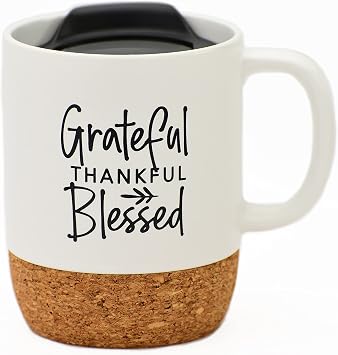 Dexsa Ceramic Designer Coffee Mug | Grateful Thankful Blessed | Holds 14 ounces | Cork Bottom with Lid | Great for Coffee, Tea, Soups, Hot Chocolate