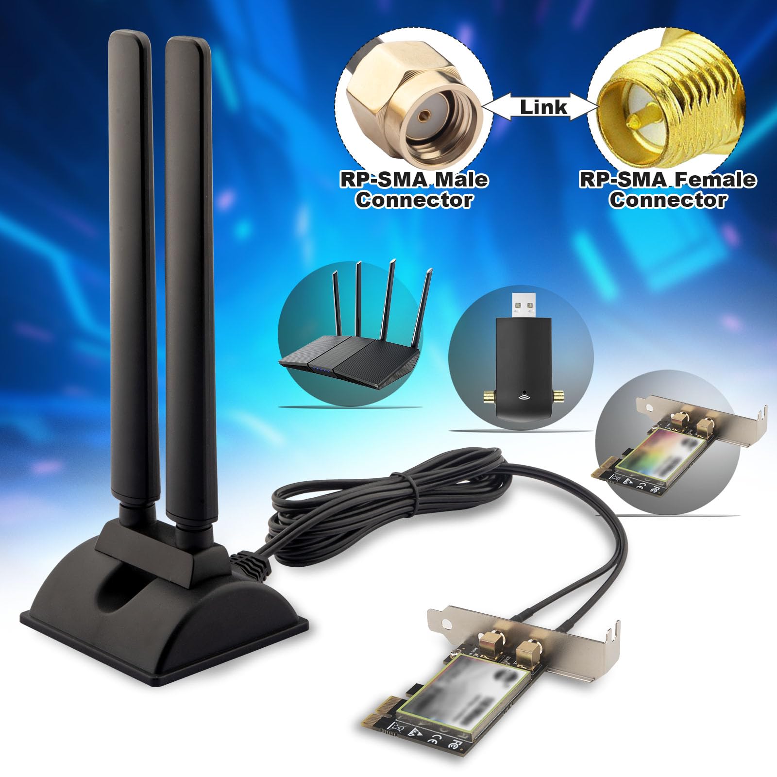 Antenne WiFi 6E tri-bande 2,4 GHz 5 GHz 6 GHz RP-SMA Base magnétique pour ordinateur de bureau, carte mère, ordinateur PCI-E 6E, carte Bluetooth, adaptateur WiFi USB, routeur sans fil