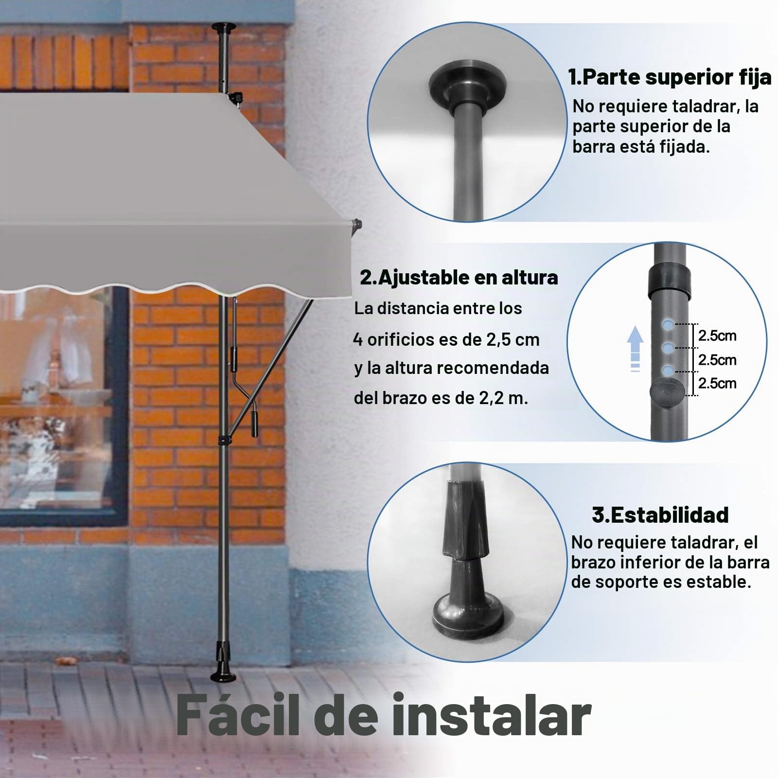 FIVMEN Toldo Manual Retractil Exterior con Manivela Toldo para Balcón Sin Taladros Altura Ajustable Protección Solar Resistente a la Intemperie, 250x120cm Gris Claro