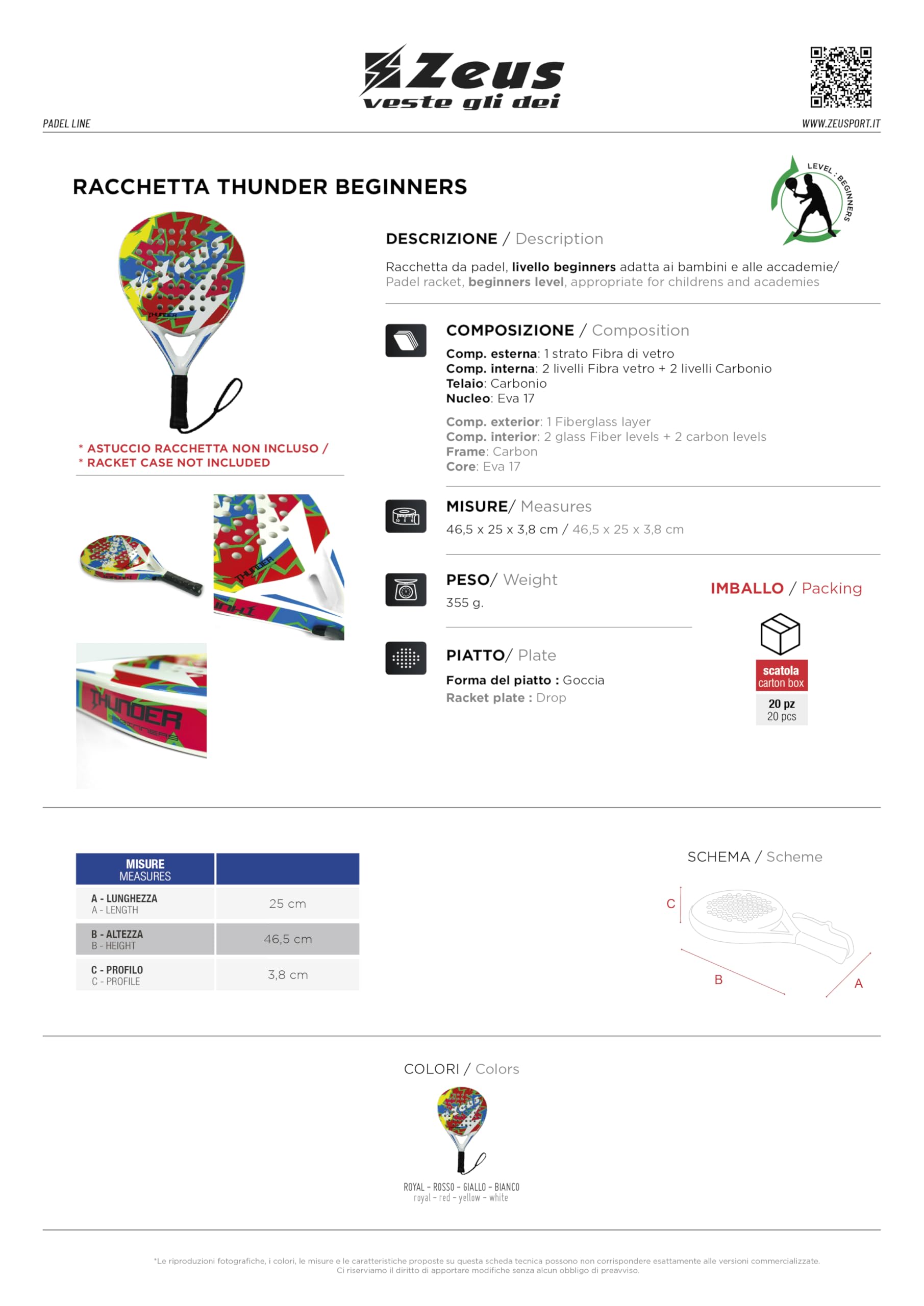Racchetta Thunder Beginners Padel per Zeus Sport Tennis Allenamento Fitness Palestra Football Tracksuit Training Relax Free Time Tempo Libero Spiaggia Mare Accessori