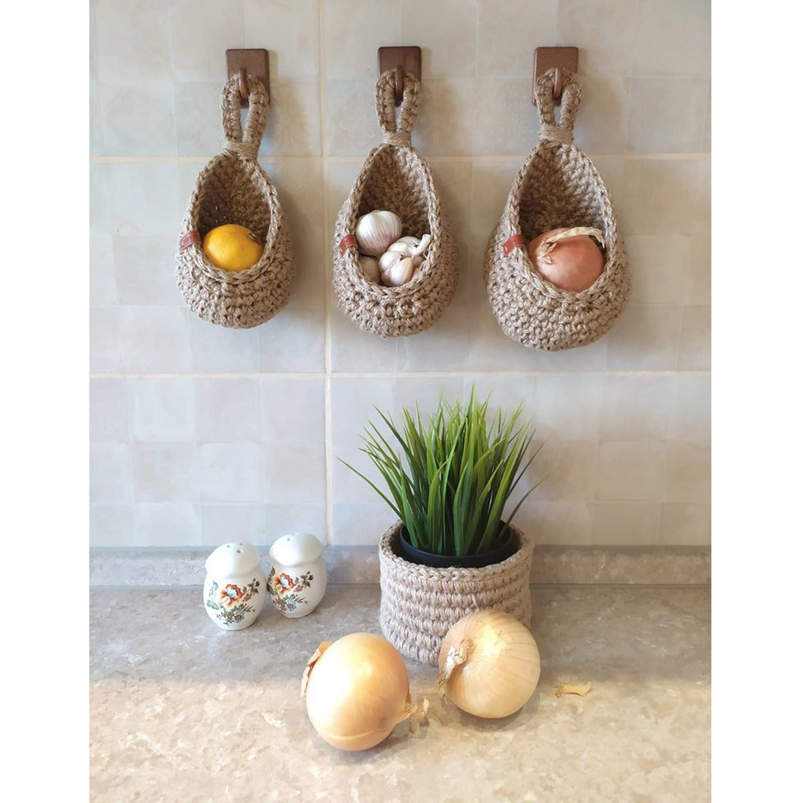 Cesto di Frutta da Appendere, Organizer a 3 Livelli Sopra La Porta, Cesto da Parete in Iuta Intrecciata Per Organizzare, Decorazione da Parete Per Cesto Boho, Cestini da Appendere Per Riporre Cucina