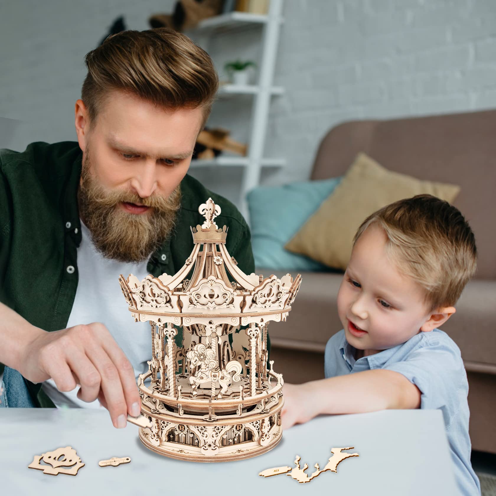 ROBOTIME Carosello in Legno Carillon Meccanico 3D Puzzle Kit Modello per Adulti, Regalo Fai da Te Laser