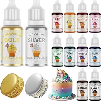 12 Food Coloring Set,10 Colors Vibrant Food Dye & 2 Edible Metallic Gold Paint Food Grade Tasteless Liquid Baking Food Coloring for Cake Fondant Icing Making DIY Supplies Kit - 0.35 Fl. oz/Bottles
