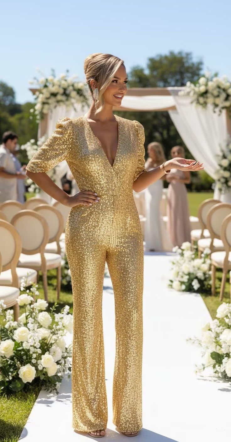 Sequin Jumpsuits for Women Formal V Neck Sparkly Jumpsuit Bodycon Long Pants Rompers One Piece Glitter Outfits