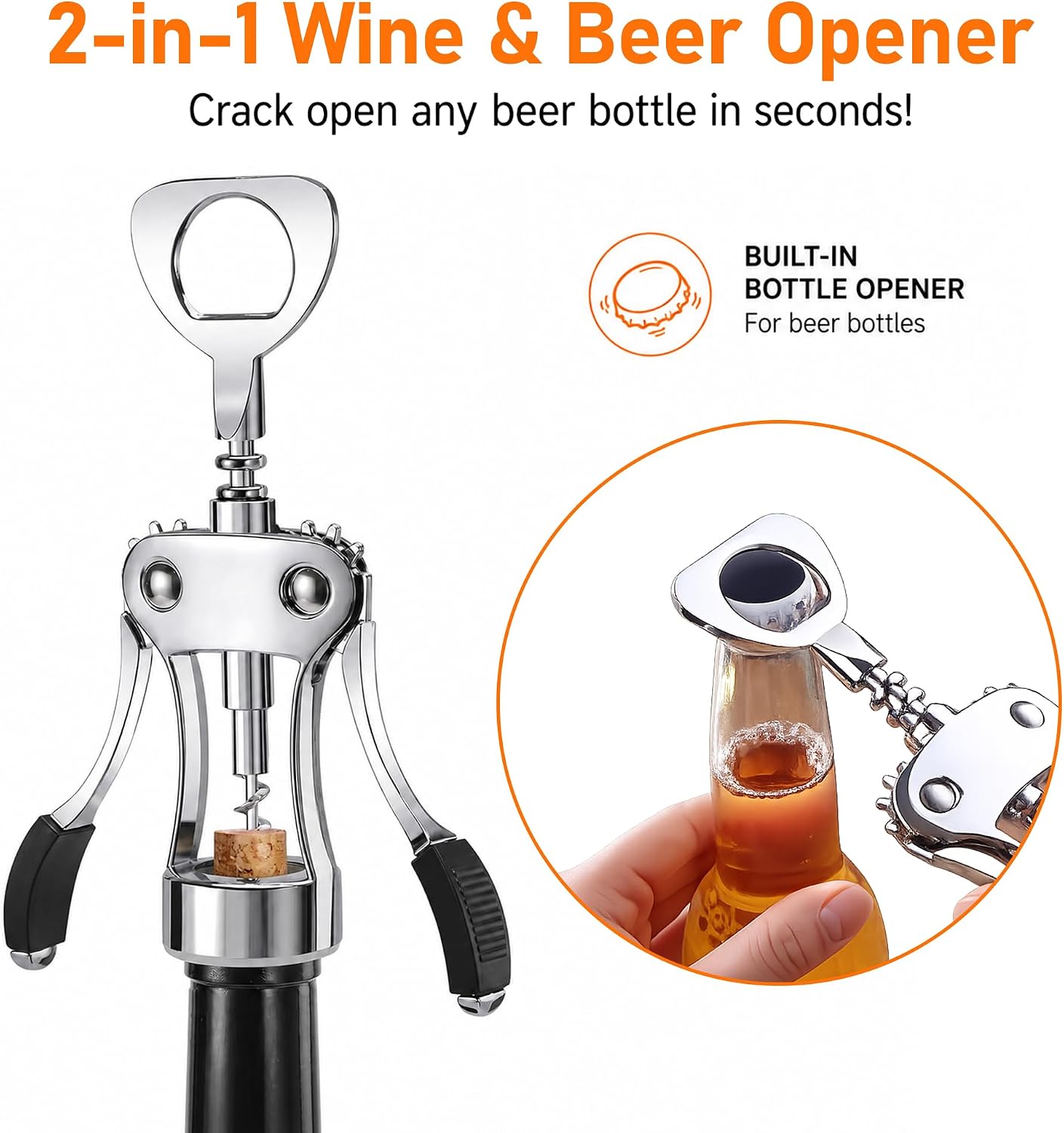 Wine Opener, Heavy-Duty Zinc Alloy Wing Corkscrew with Multifunctional Bottle Opener, Ergonomic Non-Slip Handle & Sharp Screw, Dishwasher Safe, for Home Restaurant Kitchen (Silver)