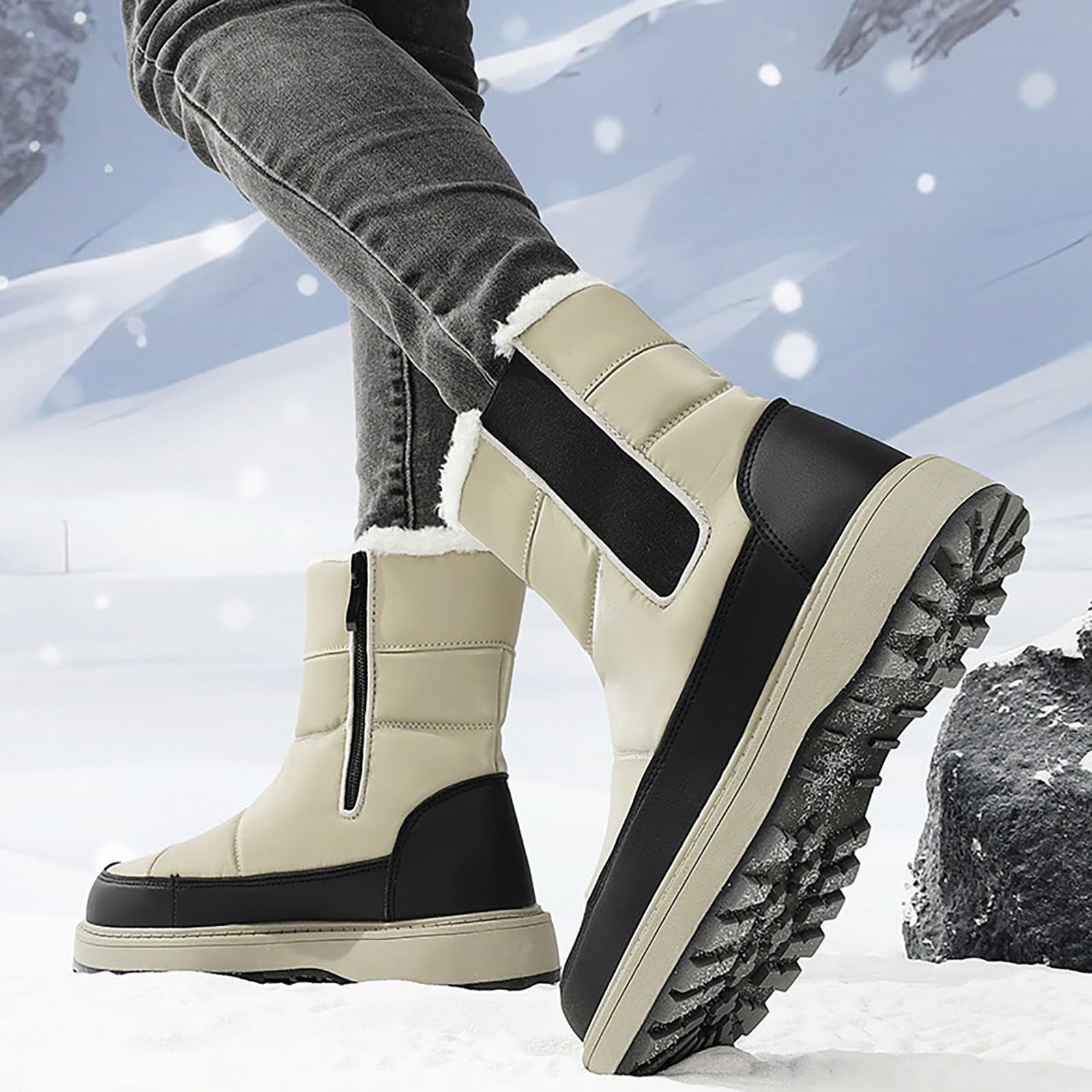 Bottes de neige imperméables pour femme - Chaudes et antidérapantes - Doublure en fourrure - Fermeture éclair - Bottes courtes pour le trekking et la randonnée, kaki, 38.5 EU