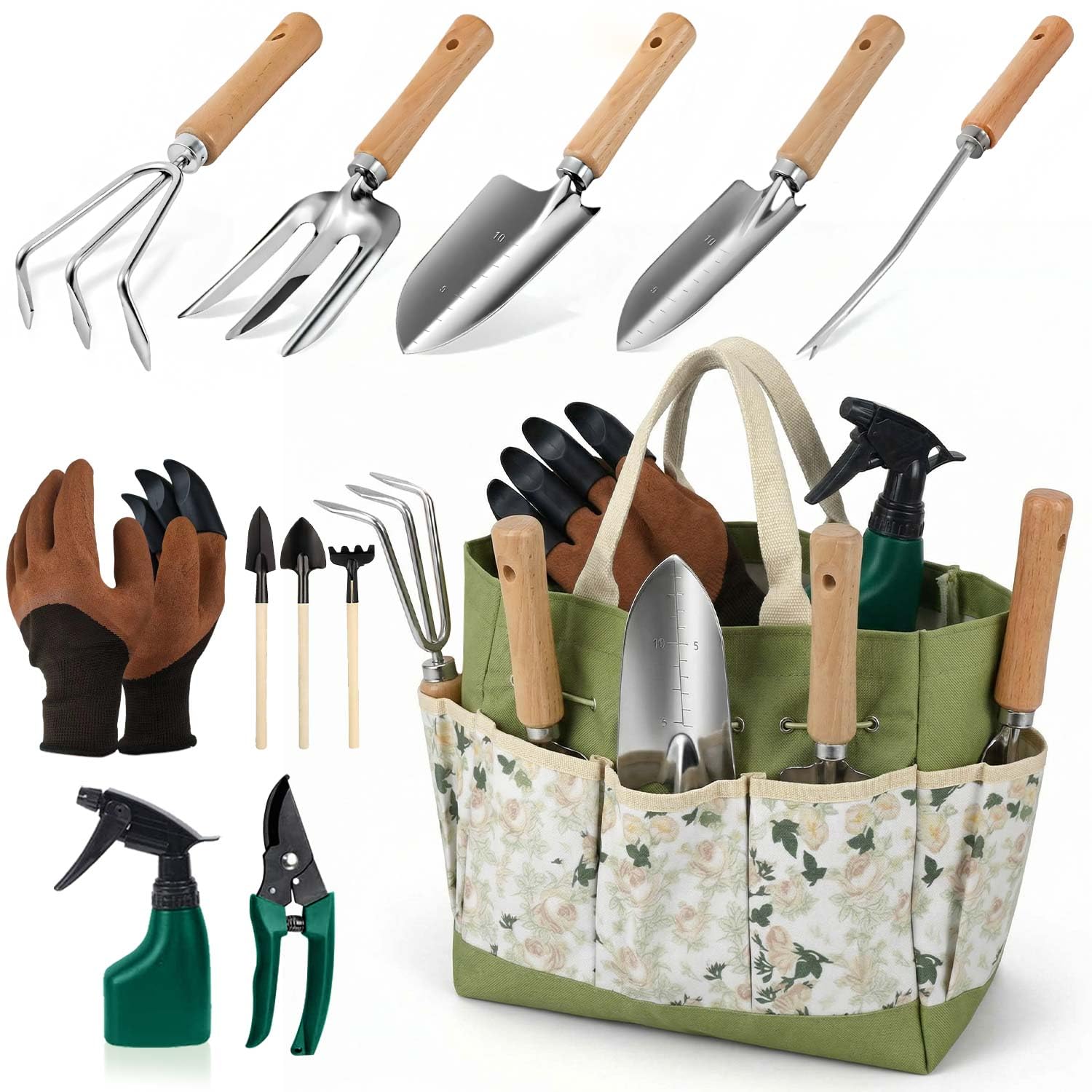 12 PCS Garden Tools Set, Gardening Plant Hand Tool Set with Wooden Handles & Durable Storage Tote Bag, Perfect Gardening Gifts for Women & Men, Heavy Duty Gardening Tools for Women Gift