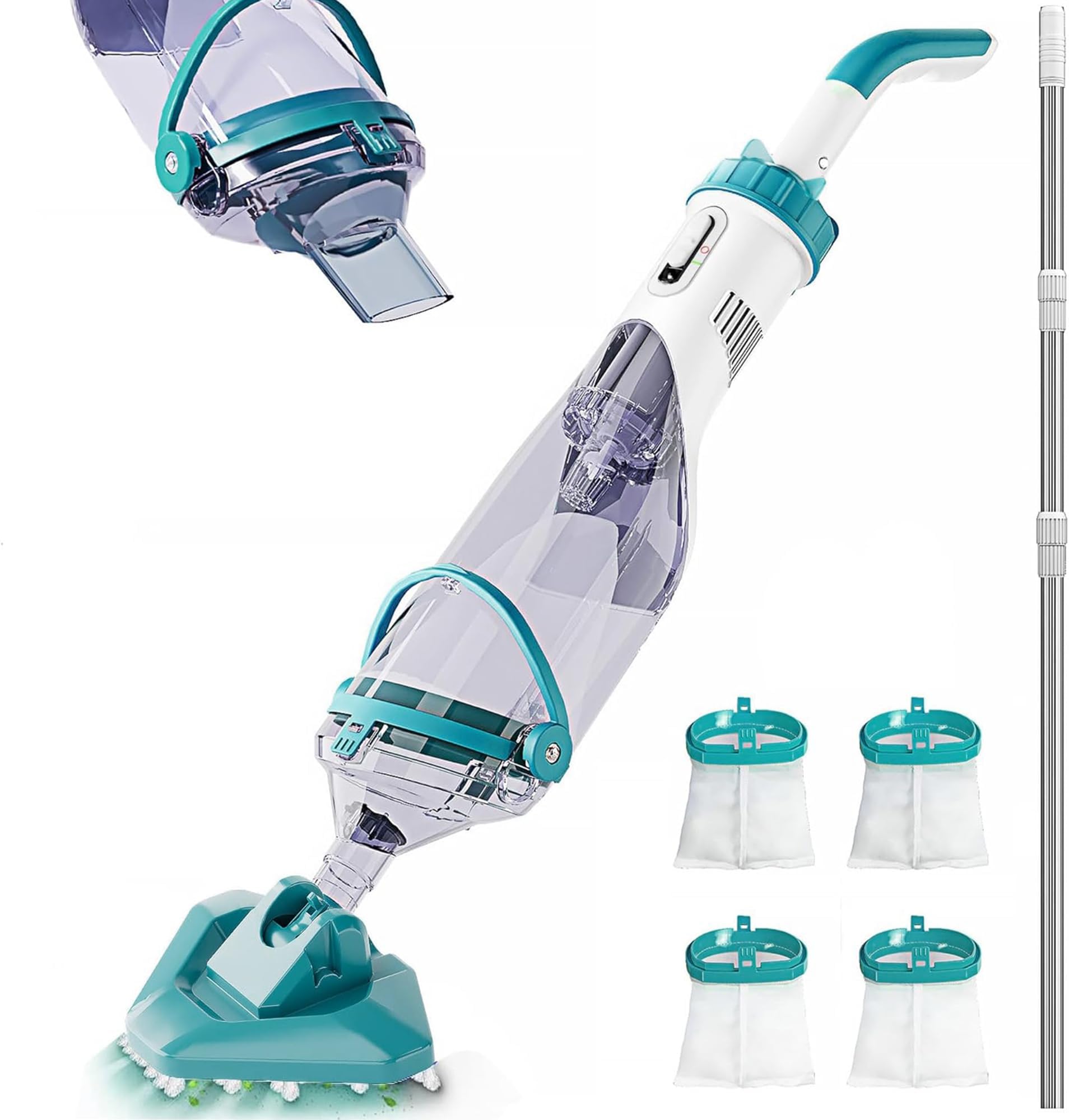 FOTING Poolsauger Akku, Absaugung bis zu 4200L/H, Pool Bodensauger mit Betriebsdauer bis zu 60 Minuten, Poolreiniger mit 4 Filter, Ideal für oberirdische Pools/Spas usw