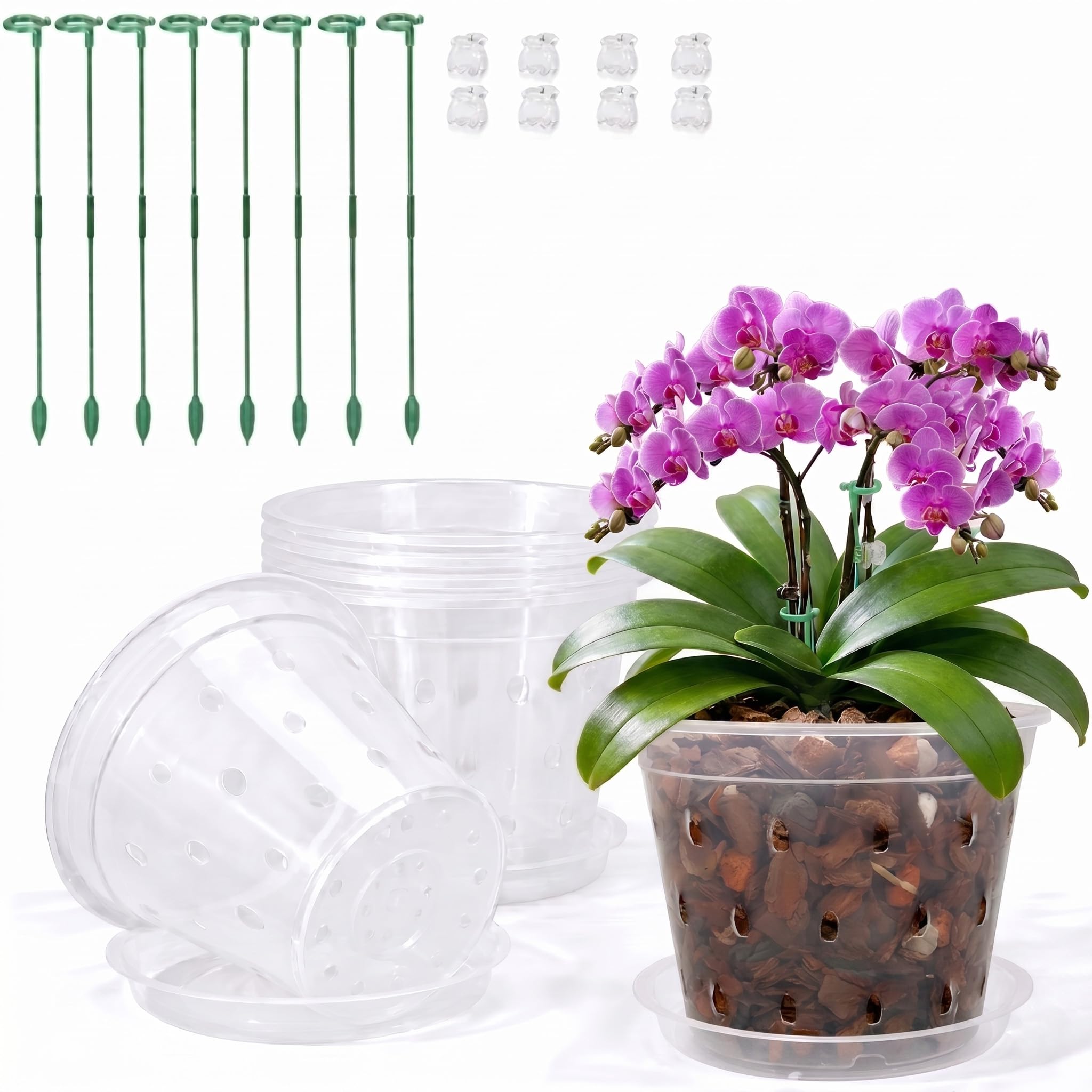 WTXHOP 6-Pack Clear Orchid Pots with Saucers and Stakes