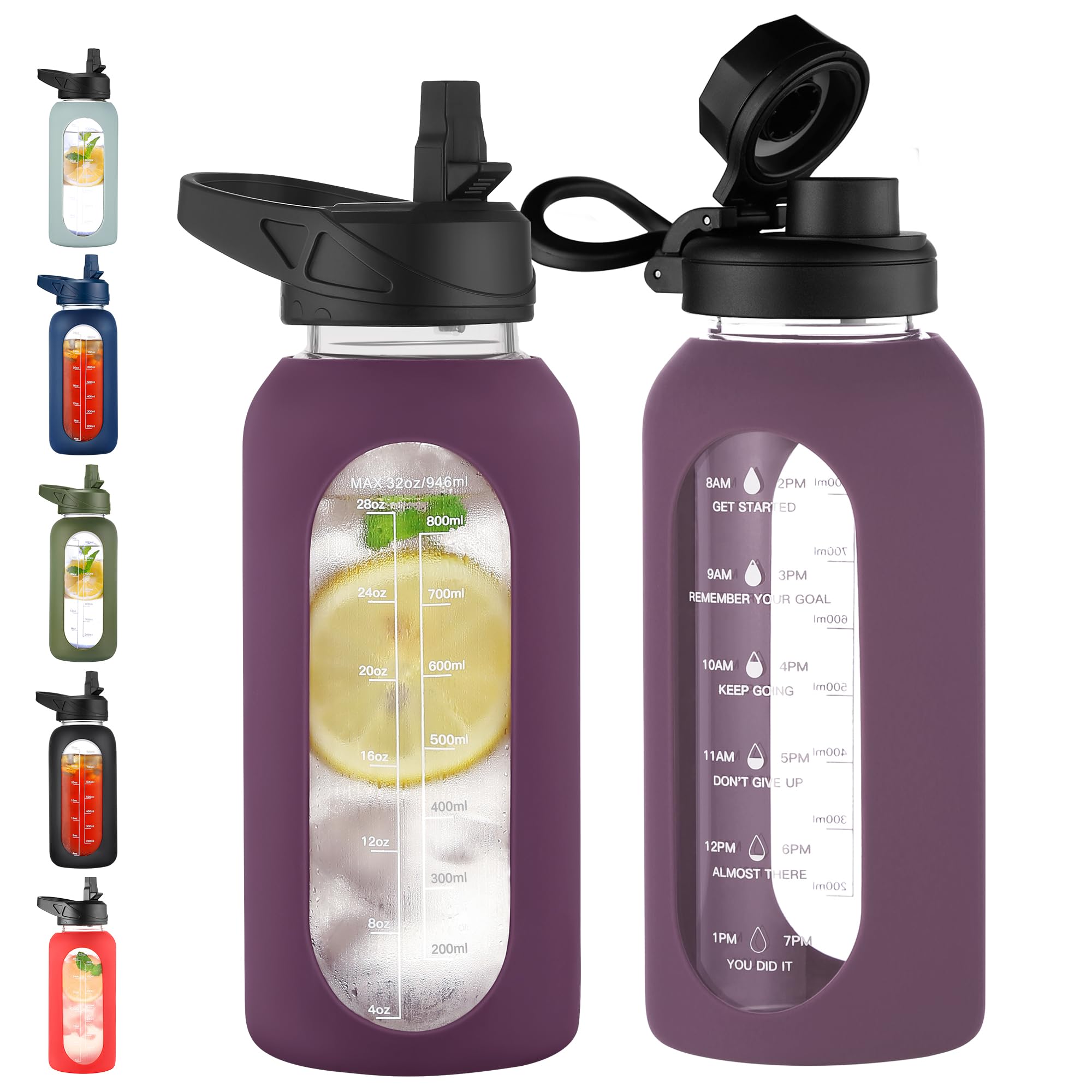 CIVAGO 32 oz Glass Water Bottle with Straw, Large Motivational Water Jug