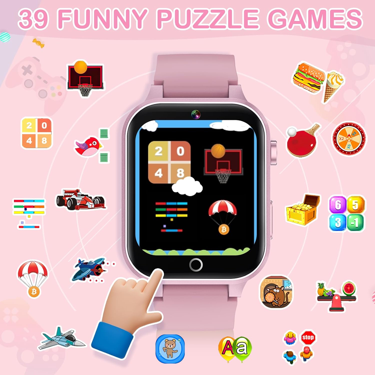 Smart Watch with Games, Kids Watch Gift for Girls Age 5-12, 1.54'' HD Touch Screen Watches with Video Camera Music Player Pedometer, Toys Birthday for Boys Ages 4 5 6 7 8
