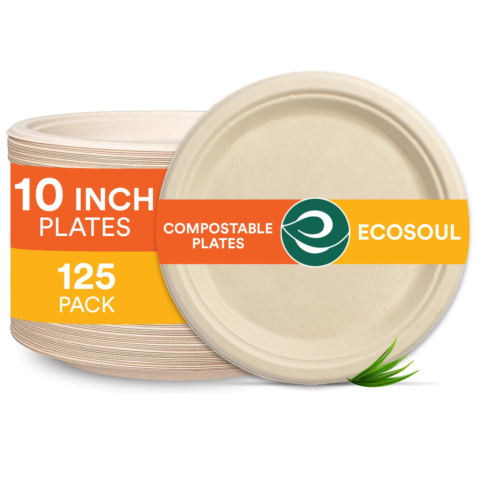 ECO SOUL 100% Compostable 10 Inch Paper Plates [125-Pack] Disposable Party Plates I Heavy Duty Eco-Friendly Dinner Plates Disposable I Biodegradable Unbleached Sugarcane Eco Plates
