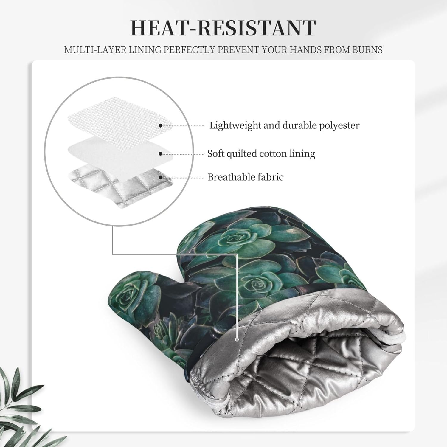 Green Succulent Oven Mitts and Pot Holders Set of 4 Heat Resistant Kitchen Gloves with Silicone Palm Hot Pads for Baking Cooking Grilling BBQ
